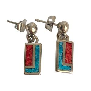 Vintage Coral Turquoise Earrings Crushed Mosaic Stone COP Silver Tone Southwest